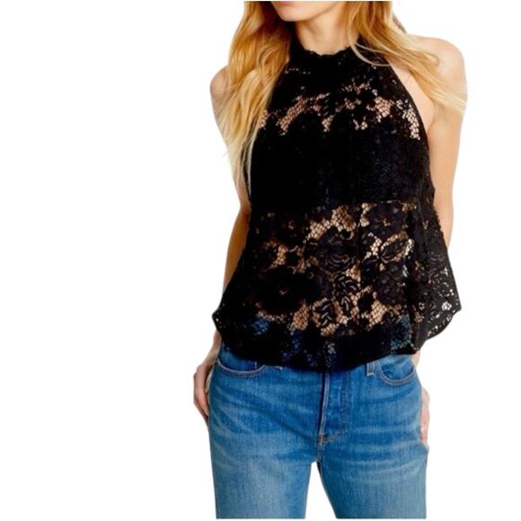 Free People FP Sweet Meadow Dreams Black Lace Halter Top Sheer Size Large L Boho - Picture 1 of 14